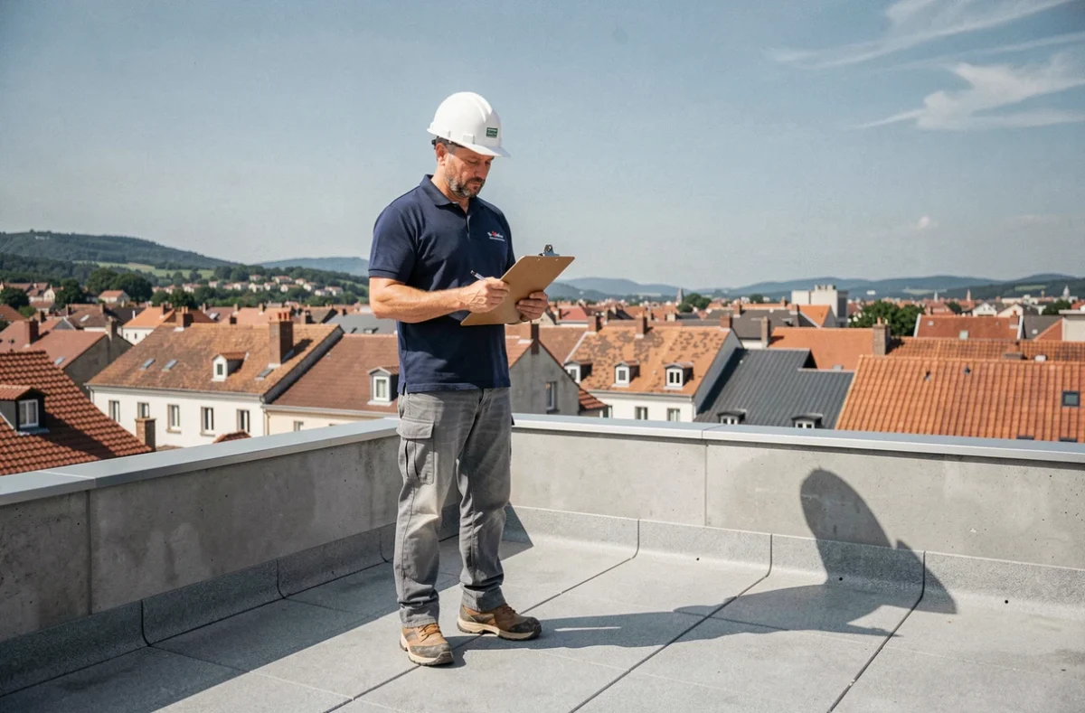 Entrepreneur d'AC Pro Bat inspectant une terrasse rénovée sur un immeuble résidentiel en France