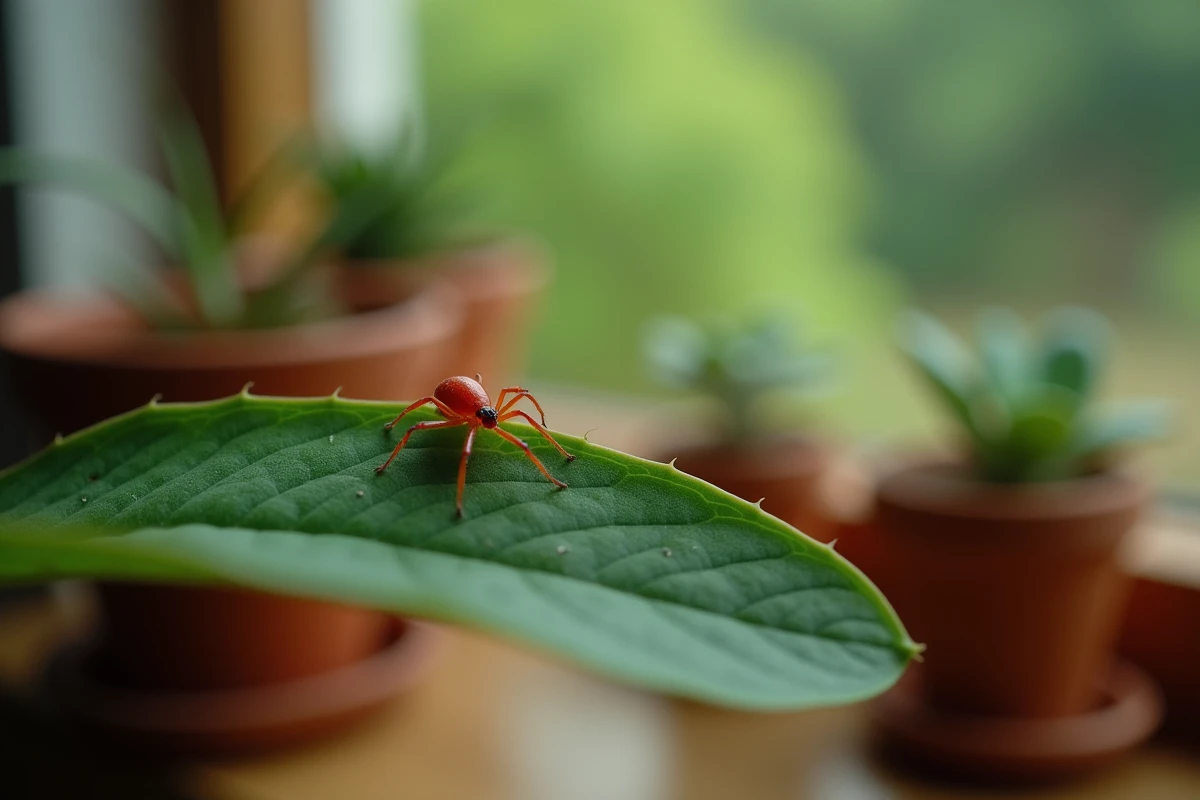 Gros plan macro d'un minuscule acarien rouge sur une feuille de plante d'intérieur avec toile fine et dégâts visibles