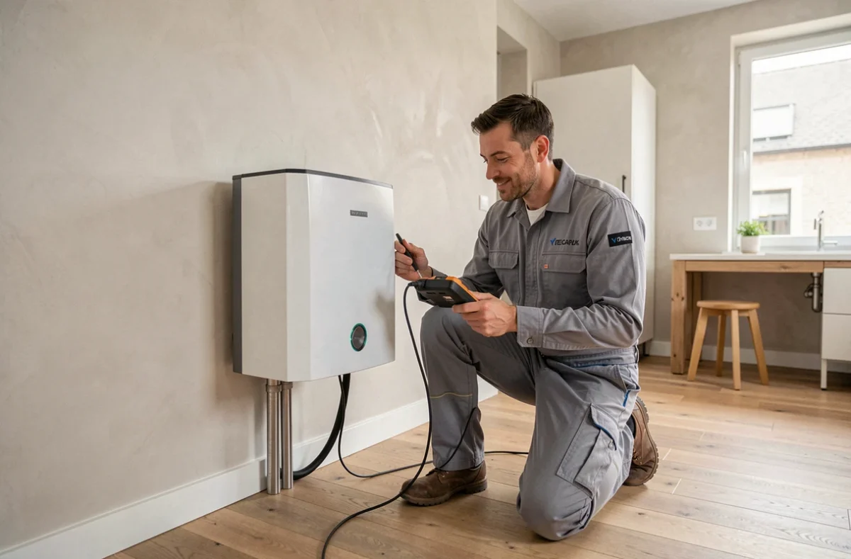 Technicien d'AD Confort installant une pompe à chaleur dans une maison rénovée
