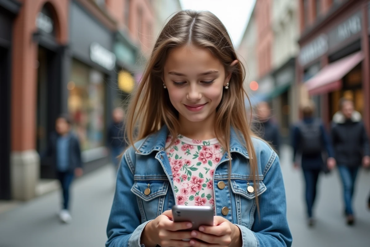 Adolescente dans la rue regardant son smartphone avec un sourire