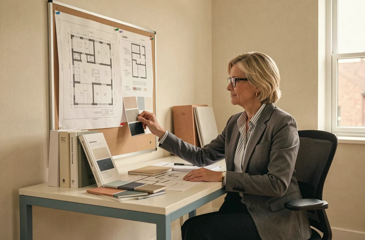 L'architecte Lucette Votano étudiant des plans de rénovation dans son agence professionnelle