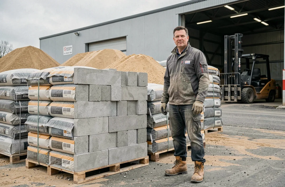 Ouvrier d'Aggrum devant des palettes de blocs béton et de granulats dans un dépôt de matériaux