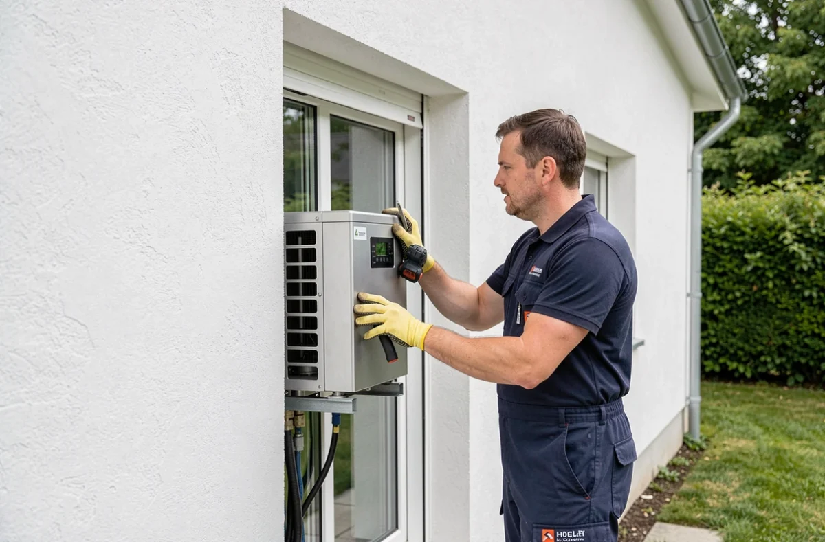 Technicien d'Air Énergie installant une unité de climatisation sur une maison rénovée
