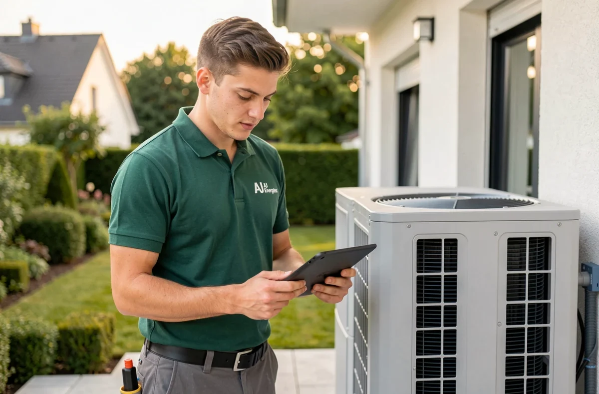 Technicien AJ Énergies configurant une pompe à chaleur sur une terrasse en Moselle