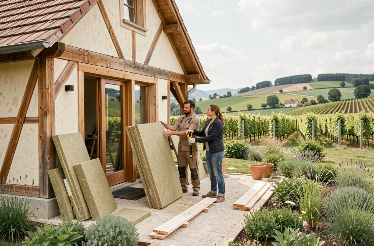 Propriétaires et entrepreneur d'Alsace Habitat Écologique examinant des matériaux d'isolation naturelle lors d'une rénovation écologique en Alsace