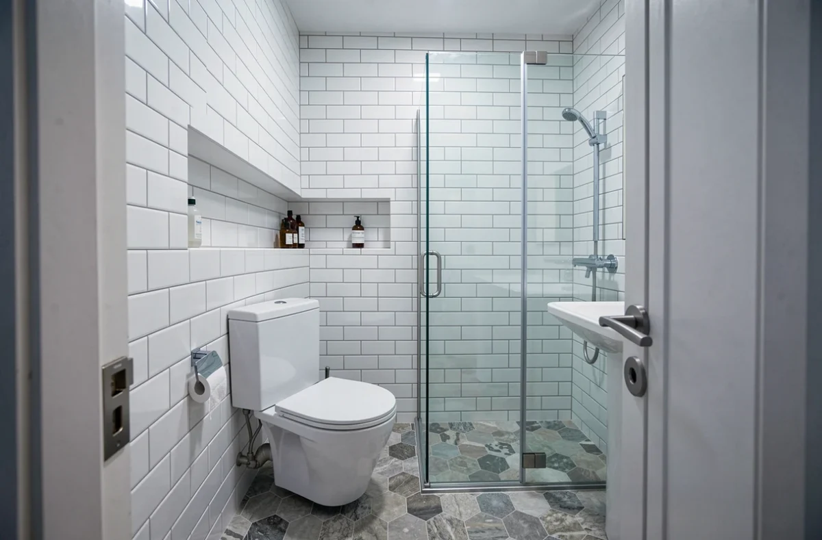 Petite salle d'eau de 2m2 aménagée avec douche d'angle, WC suspendu et lavabo compact
