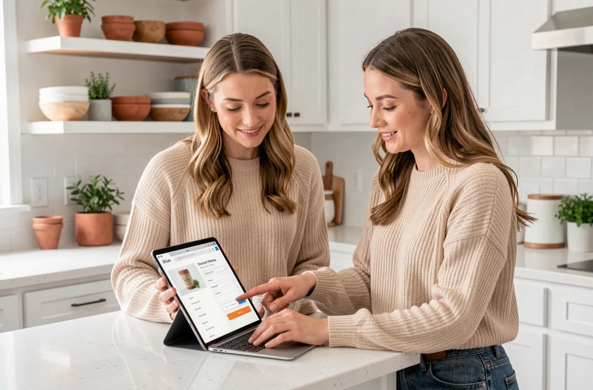 Deux amies utilisant un code promo Sklum sur tablette dans une cuisine moderne et conviviale