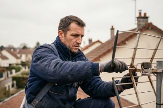 Antenniste professionnel en train de régler une antenne TV sur un toit de maison individuelle