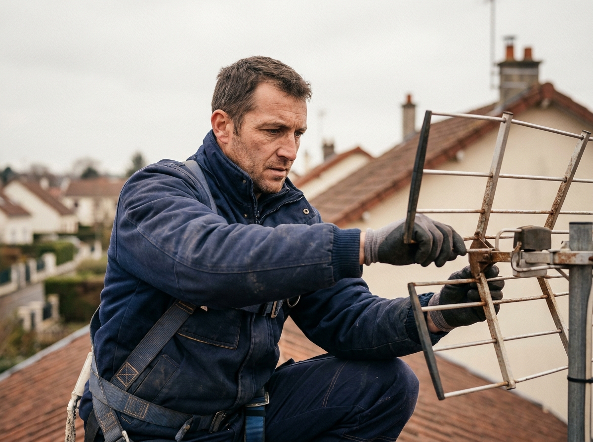 Antenniste professionnel en train de régler une antenne TV sur un toit de maison individuelle