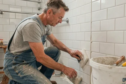 Artisan appliquant du joint blanc sur des carreaux de salle de bain avec une taloche en caoutchouc