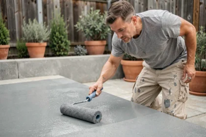 Peintre appliquant une peinture époxy grise sur un sol béton extérieur de terrasse résidentielle