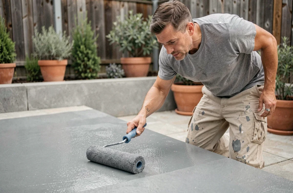 Peintre appliquant une peinture époxy grise sur un sol béton extérieur de terrasse résidentielle