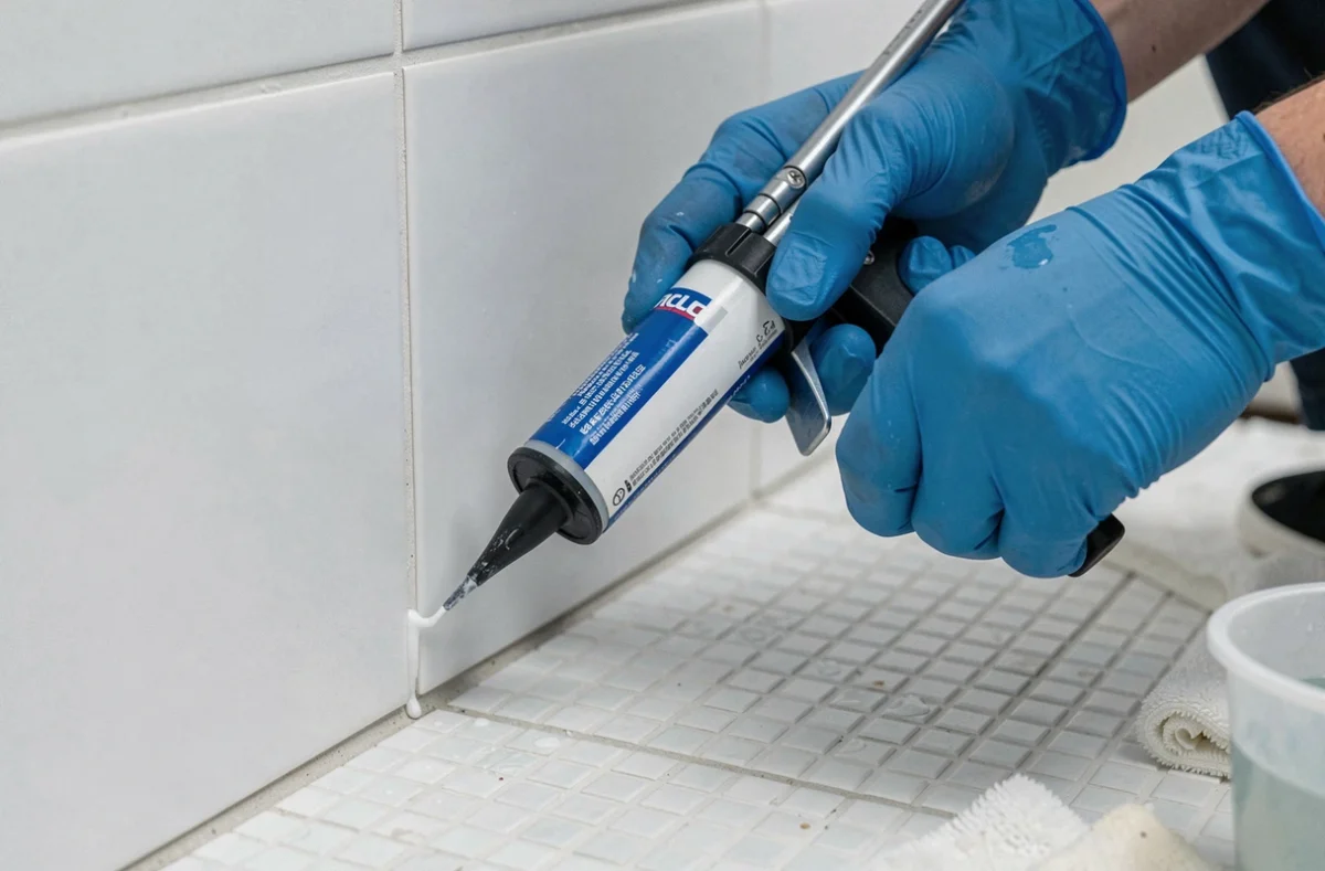 Gros plan de mains gantées appliquant du silicone entre le carrelage mural et le sol de salle de bain
