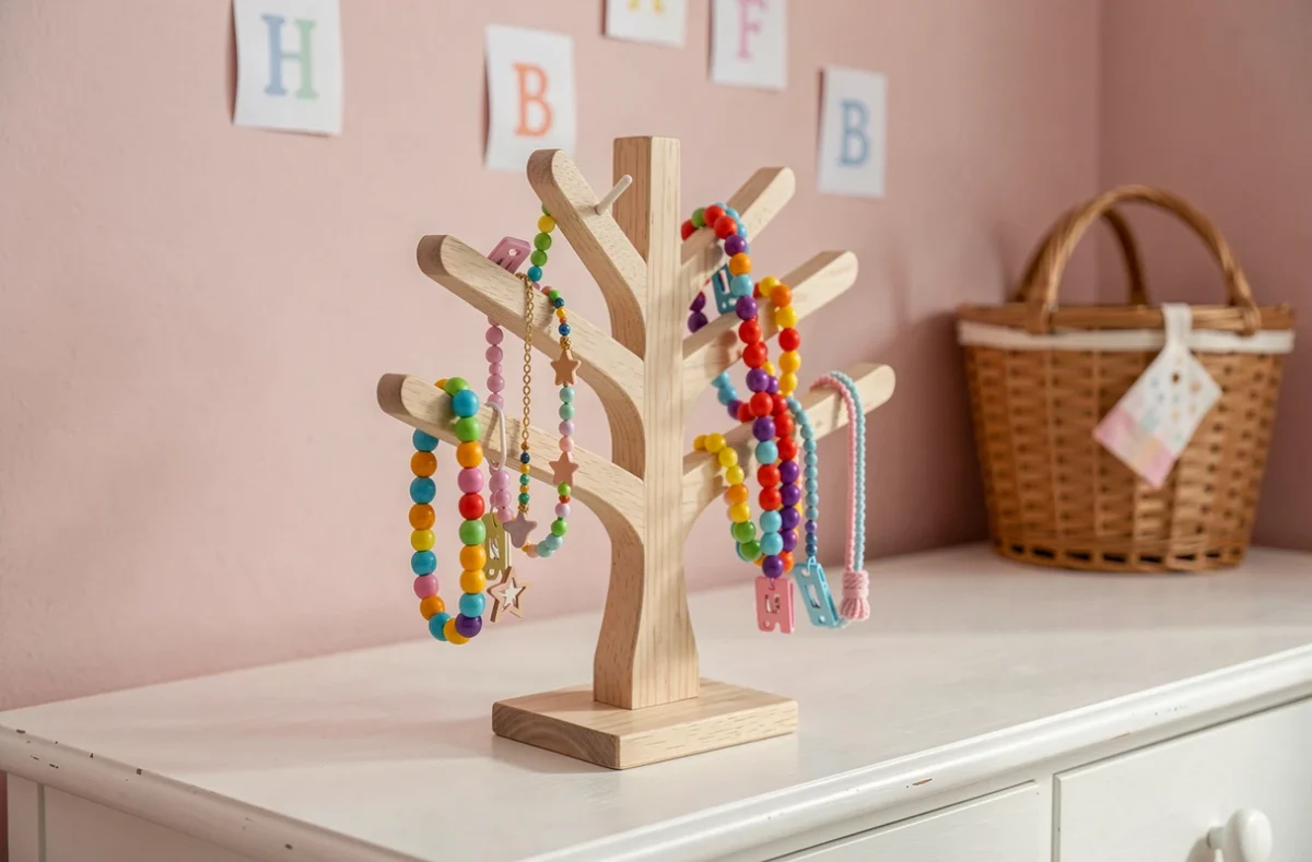 Arbre à bijoux en bois pastel posé sur une commode dans une chambre d'enfant, orné de colliers colorés et barrettes étoilées