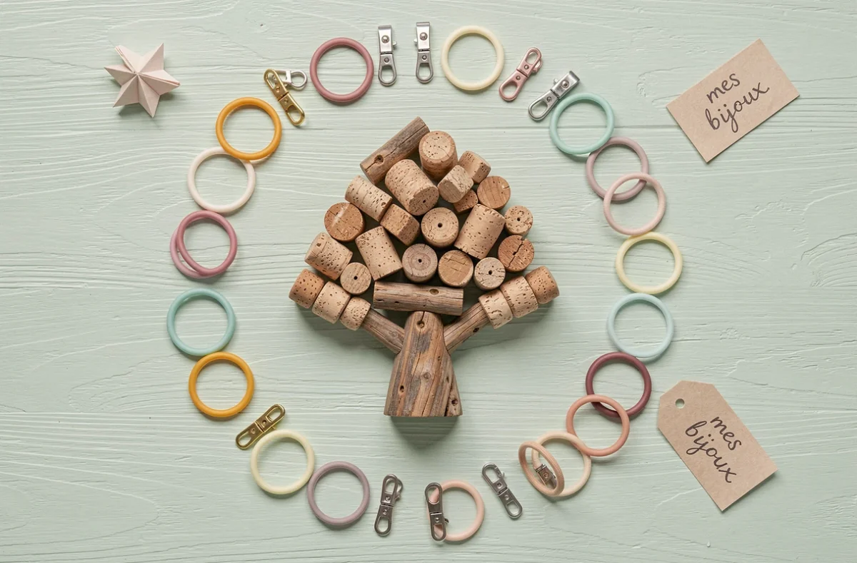 Vue de dessus d'un arbre à bijoux en liège pour enfant entouré de bracelets colorés et accessoires sur une table en bois vert menthe