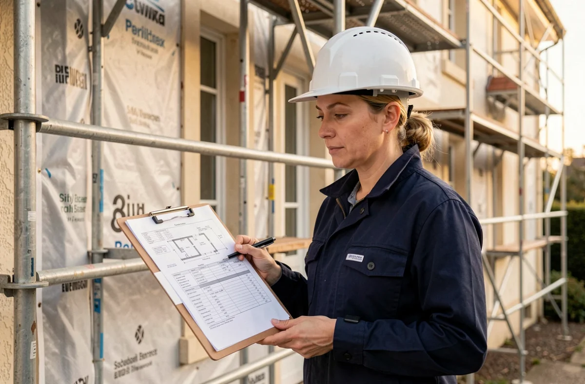Architecte féminine examinant des devis de travaux d'isolation par l'extérieur devant une maison en rénovation