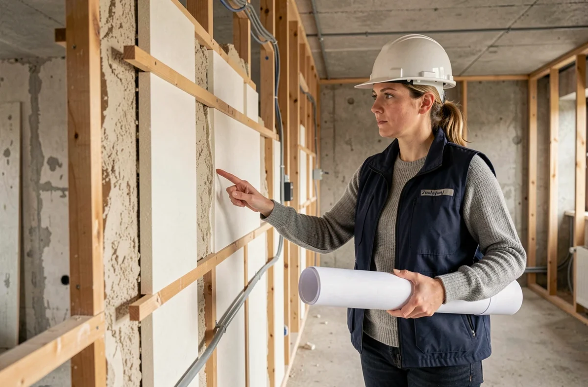 Architecte féminine inspectant les couches d'isolation thermique d'un mur intérieur en chantier