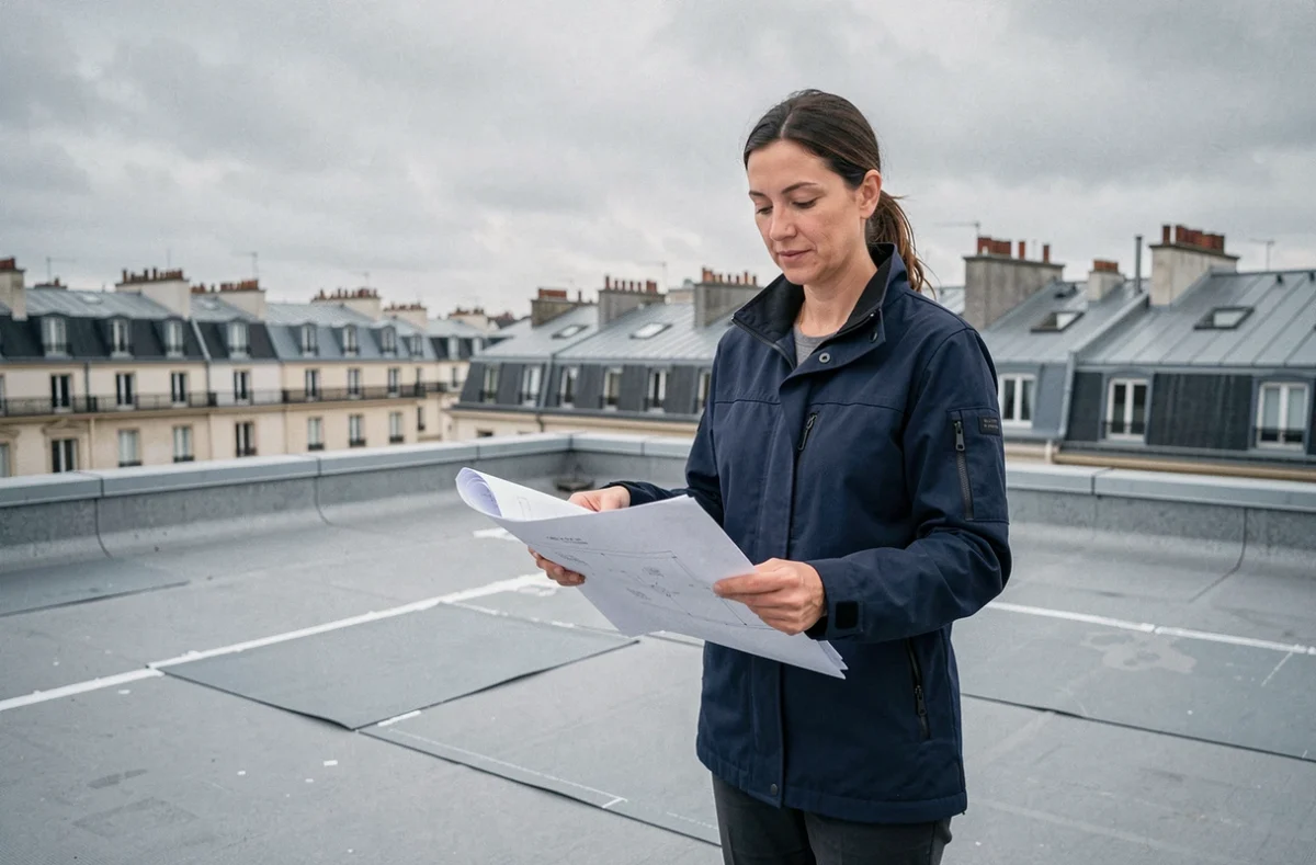 Architecte féminine inspectant les plans d'isolation thermique par l'extérieur sur une toiture plate urbaine