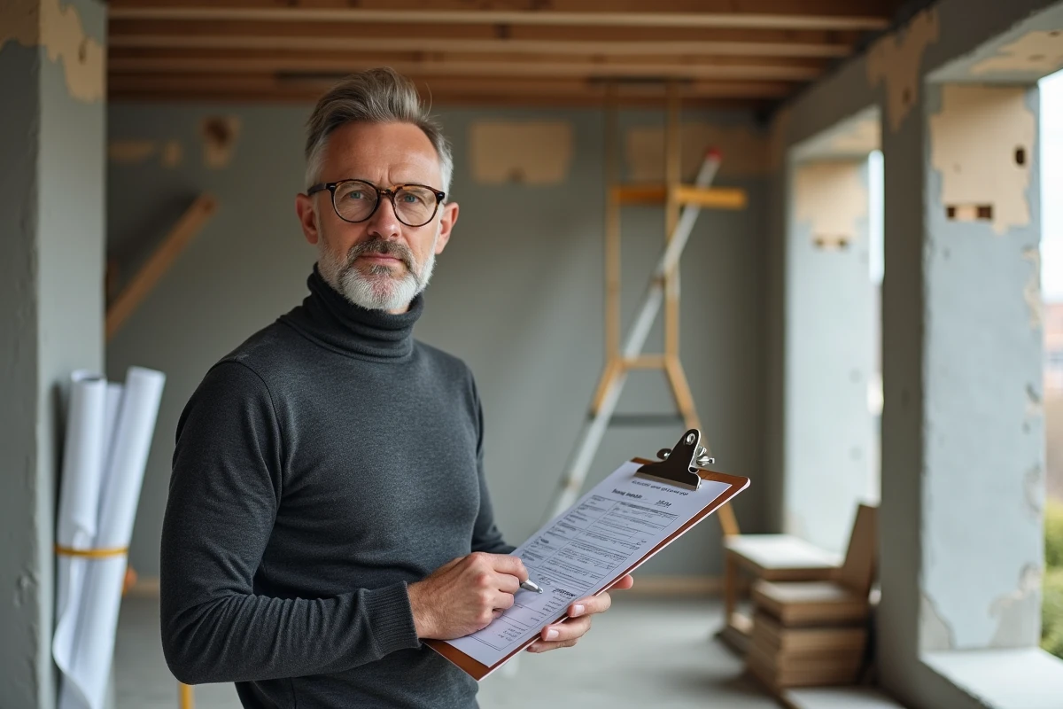 Un architecte intérieur vérifie un devis détaillé dans un appartement en cours de rénovation