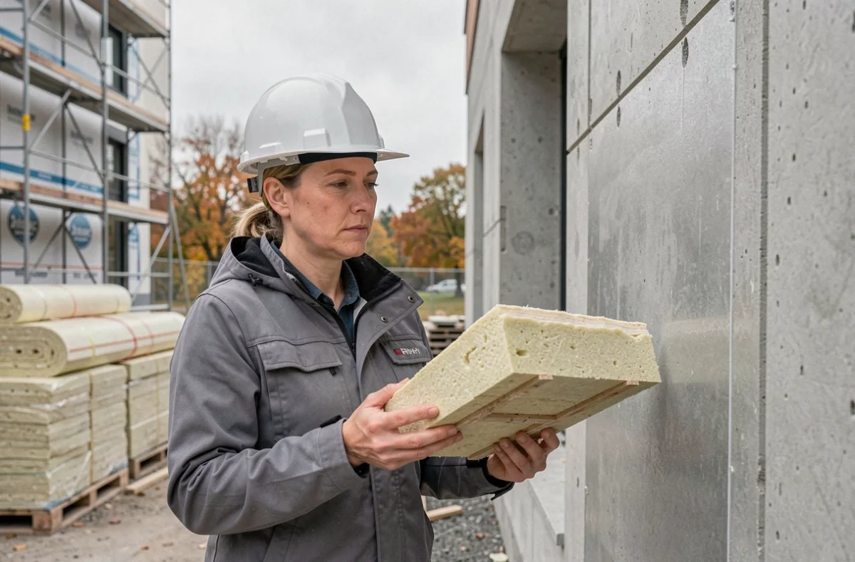 Architecte sur chantier analysant un échantillon de paroi isolée par l'extérieur devant une façade en cours d'isolation