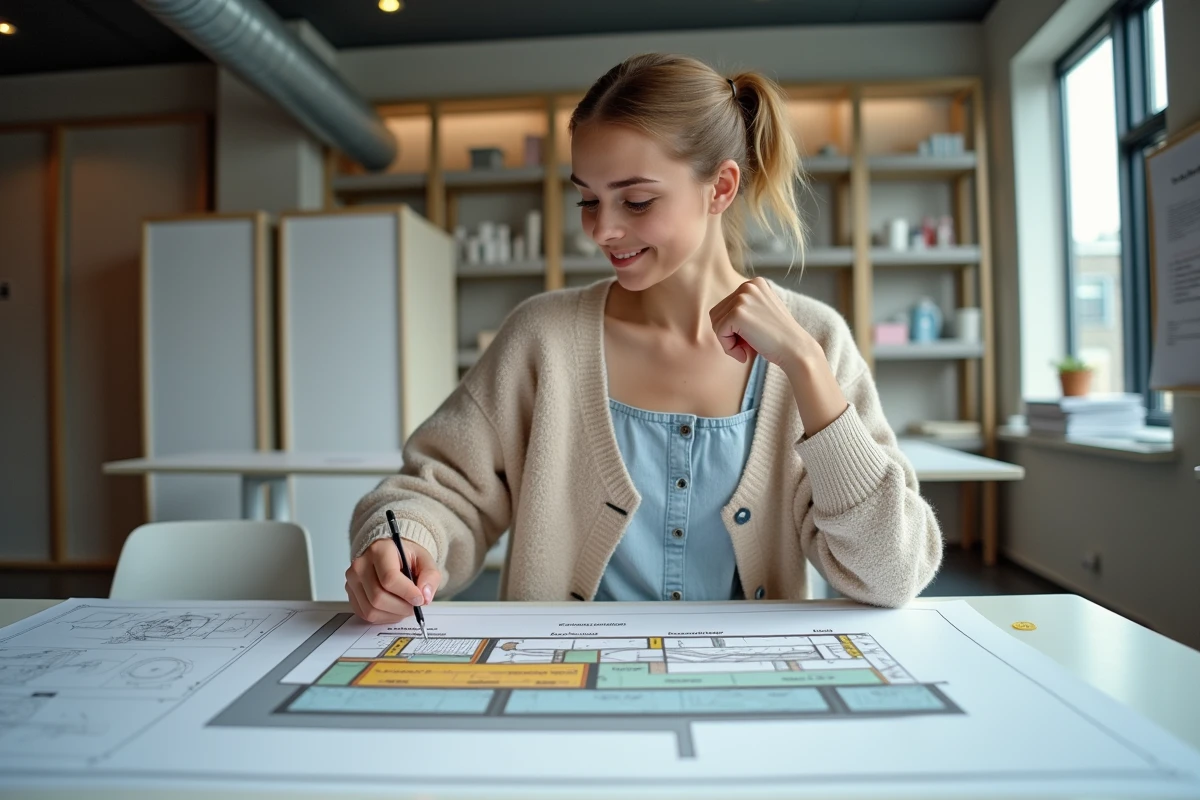 Jeune architecte analysant un plan de sol dans un bureau moderne