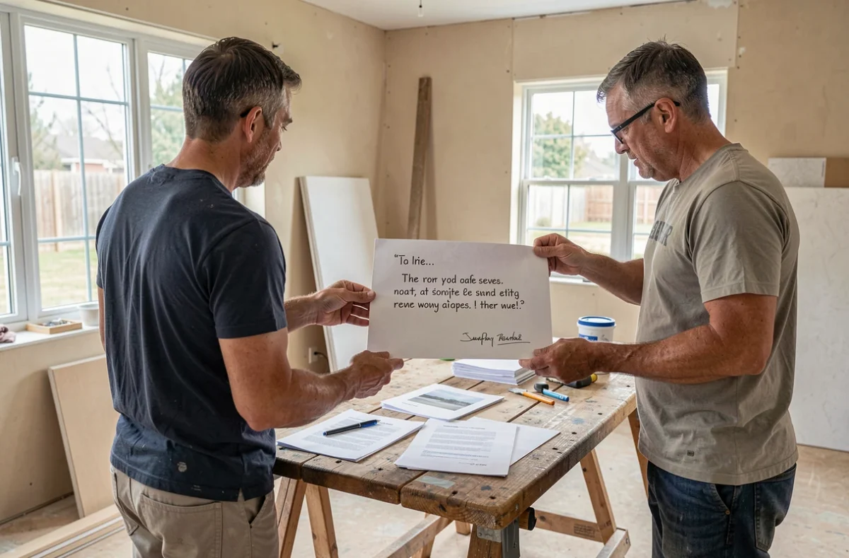Artisan et propriétaire relisant un devis de travaux