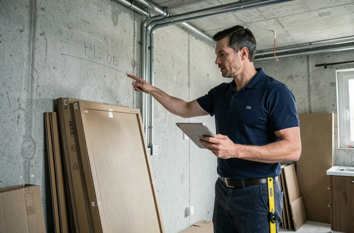 Artisan bricoleur évaluant les travaux dans une cuisine en cours de rénovation avec tablette numérique et tuyauterie apparente