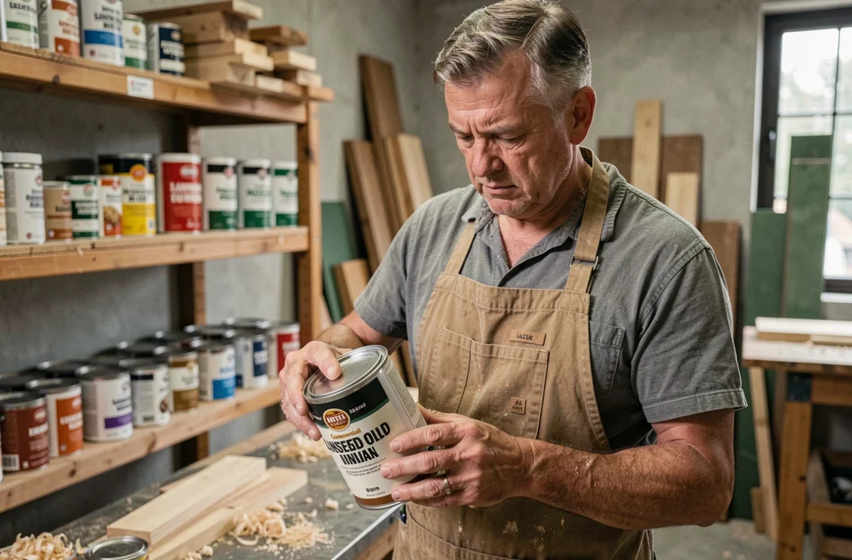 Artisan lisant l'étiquette d'un bidon d'huile de lin commerciale dans un atelier de menuiserie
