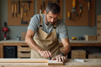Artisan bricoleur mesurant une planche en bois dans un atelier de rénovation DIY bien organisé