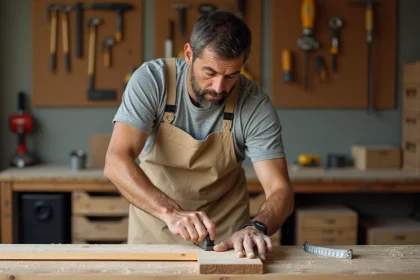 Artisan bricoleur mesurant une planche en bois dans un atelier de rénovation DIY bien organisé