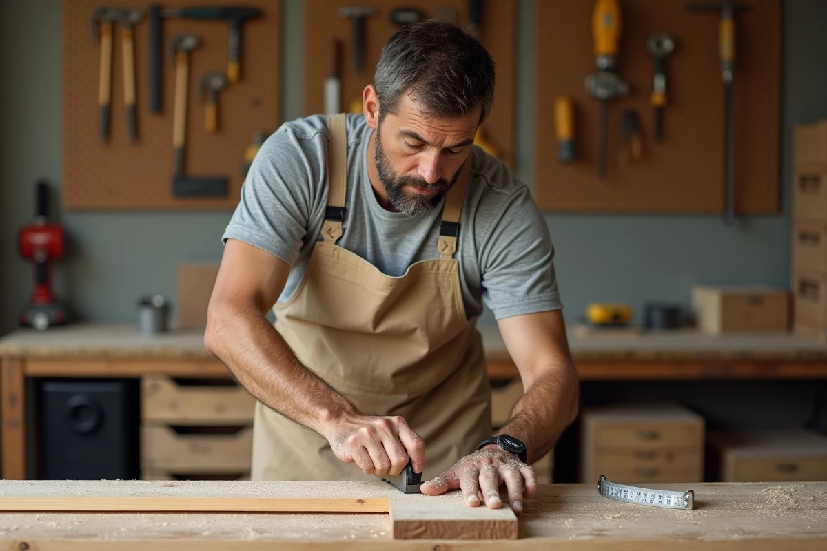 Artisan bricoleur mesurant une planche en bois dans un atelier de rénovation DIY bien organisé
