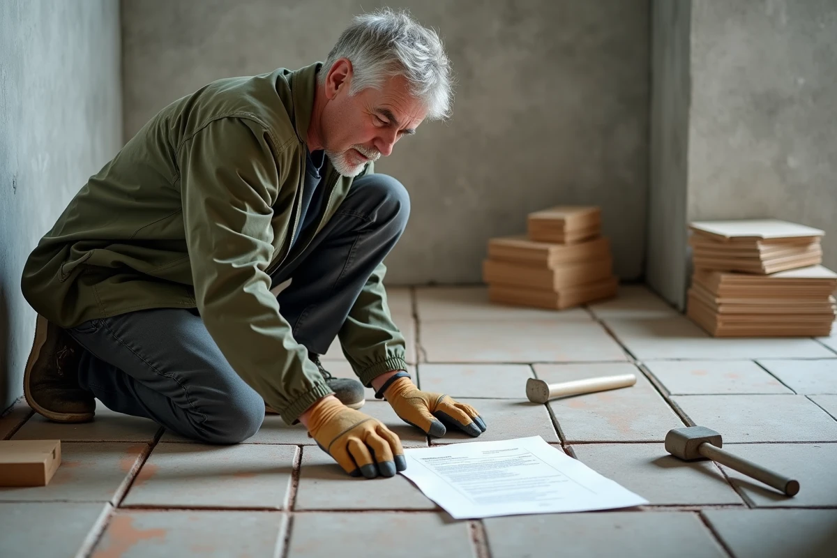 Artisan posant du carrelage en céramique dans une salle de bain en rénovation avec outils de bricolage
