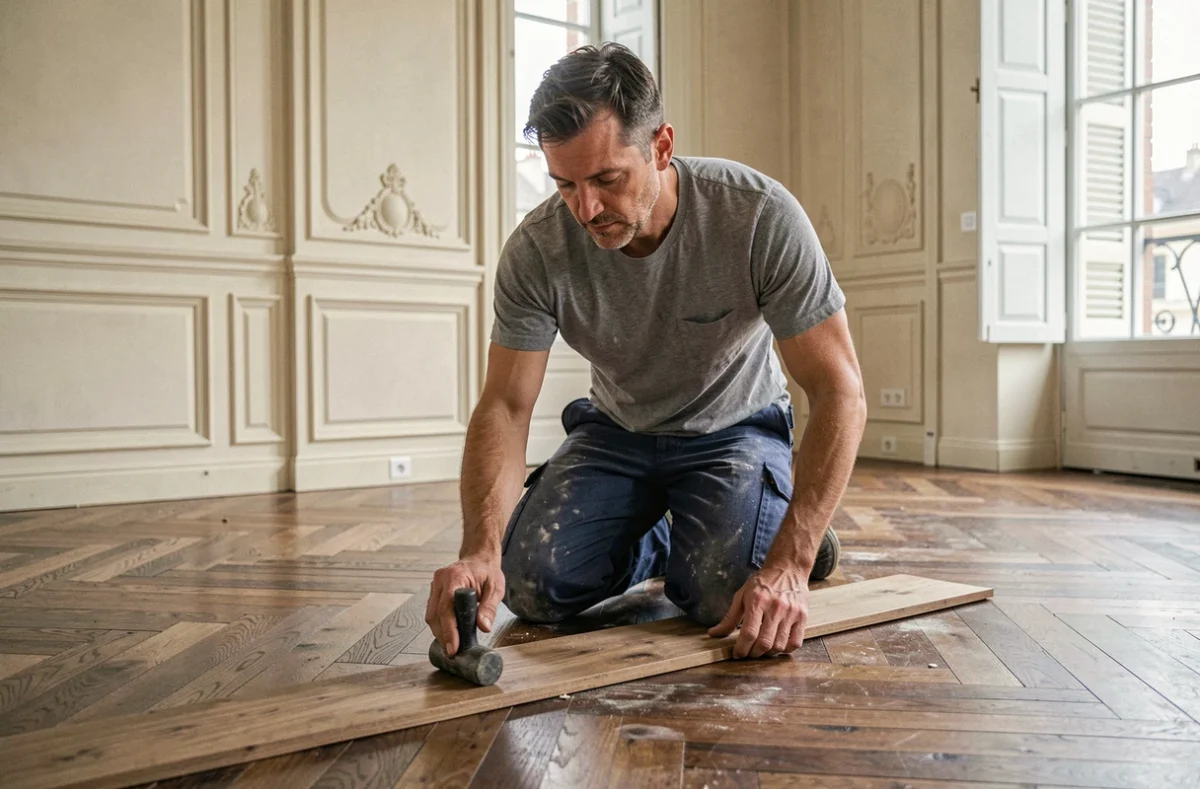 Artisan posant un parquet en chevron dans un appartement haussmannien rénové