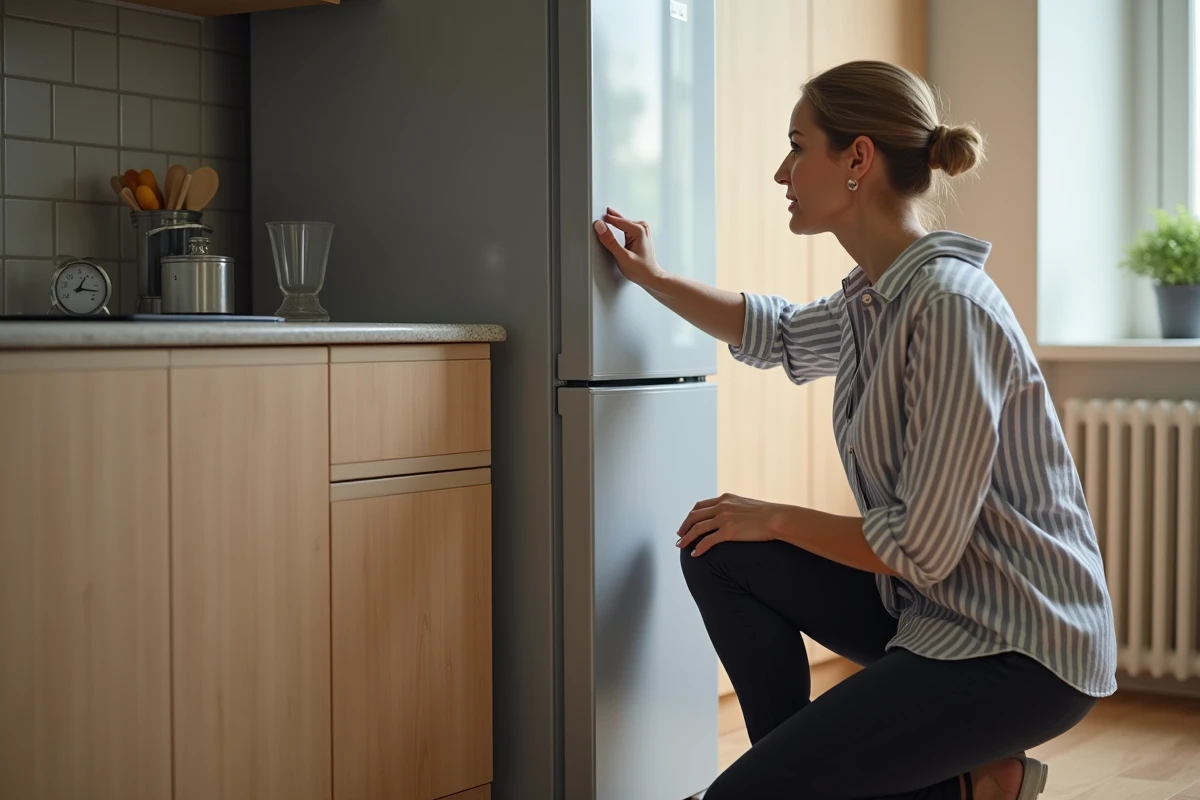 Femme attendant avant de brancher un réfrigérateur récemment redressé dans une cuisine moderne