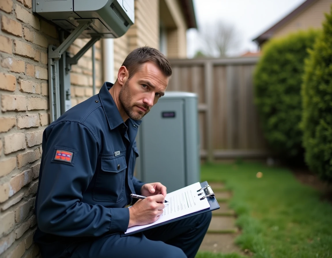 Technicien inspectant une pompe à chaleur extérieure lors d'un audit énergétique d'un logement résidentiel