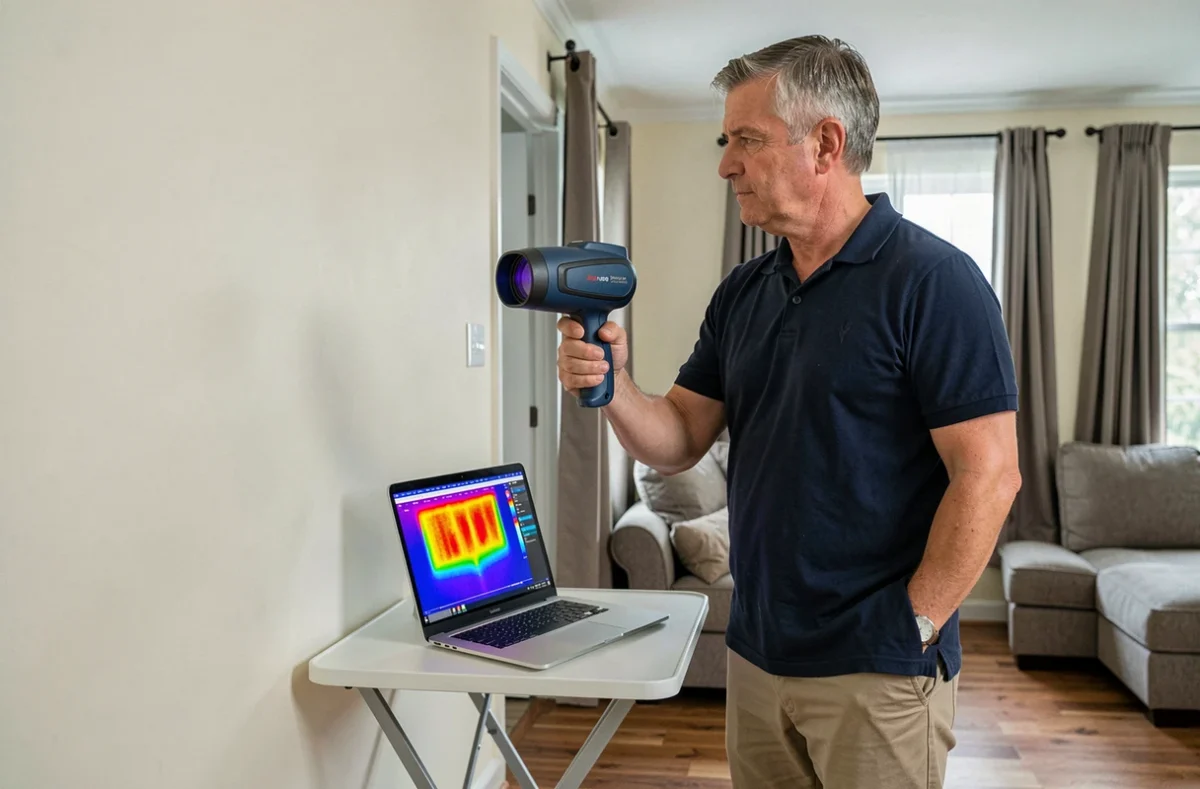 Auditeur énergétique utilisant une caméra thermique pour mesurer la résistance thermique d'un mur intérieur