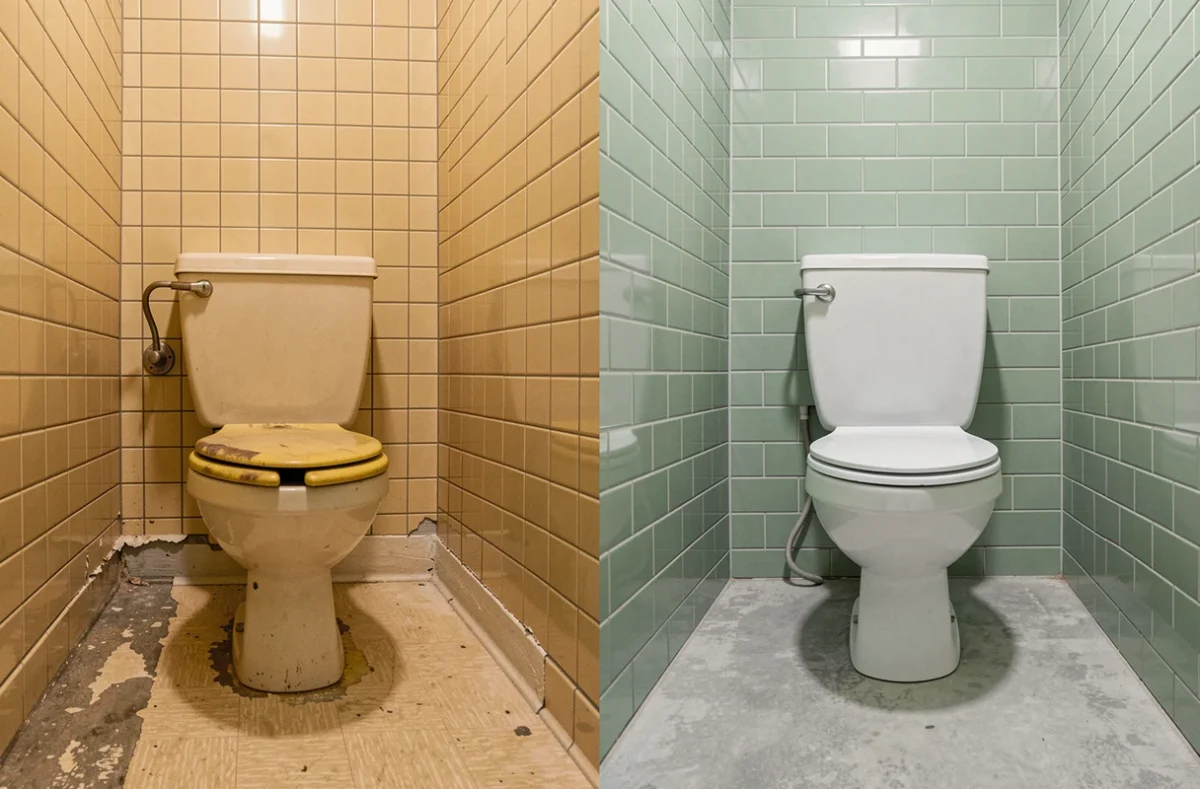 Comparaison avant-après rénovation de WC avec ancien carrelage beige versus nouveau carrelage moderne