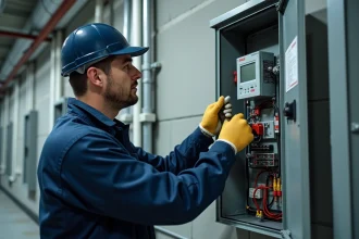 Électricien branchant un BAES sur un télérupteur dans un couloir industriel avec tableau électrique ouvert