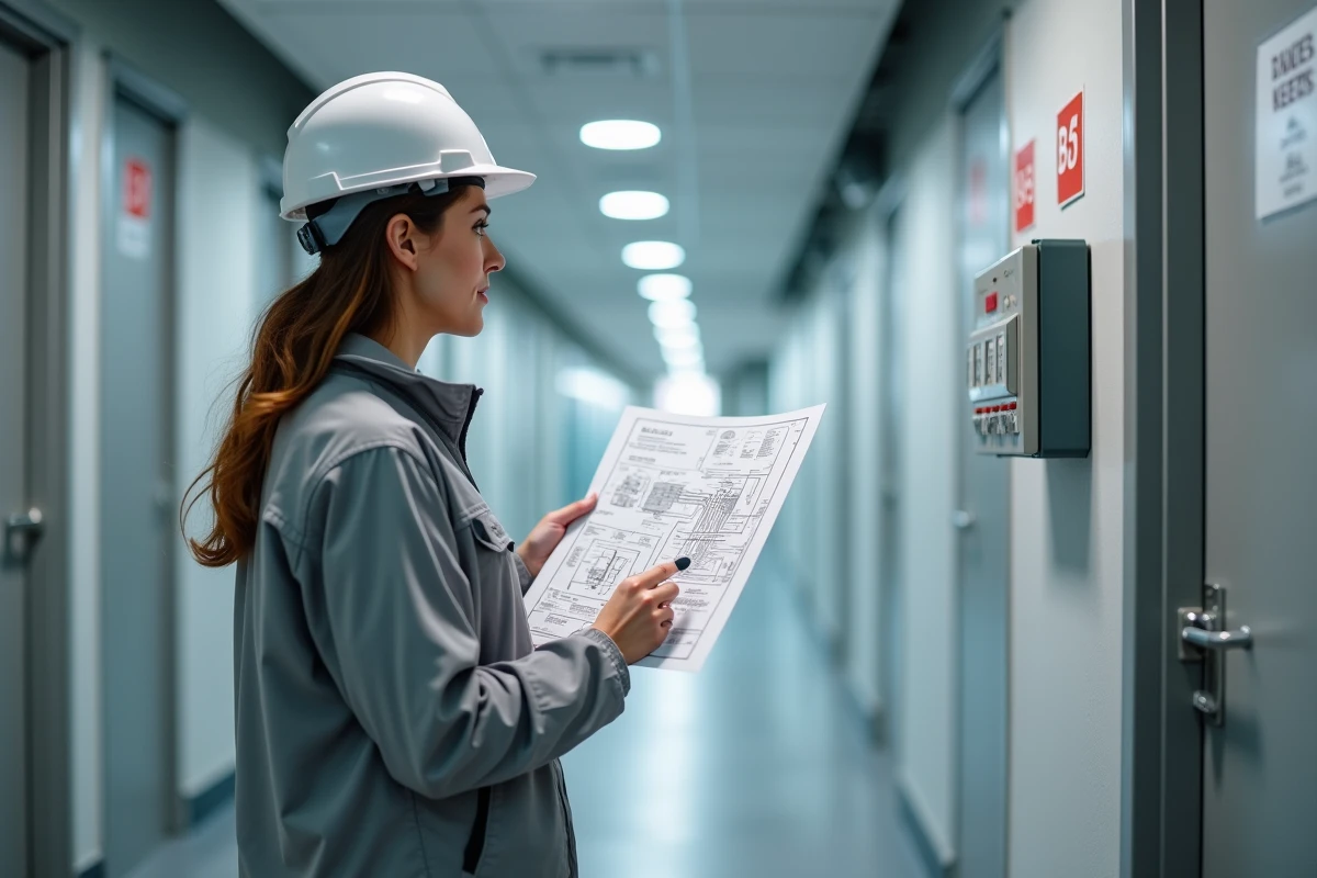Ingénieure électrique consultant un schéma de branchement BAES avec télérupteur dans un couloir de bâtiment commercial