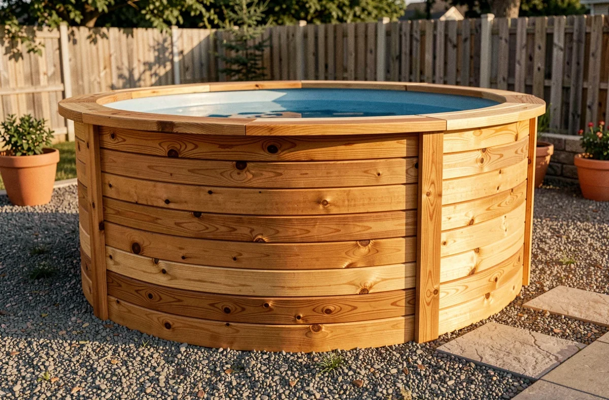 Bardage en lames de bois naturel autour d'une piscine hors sol avec texture de bois visible