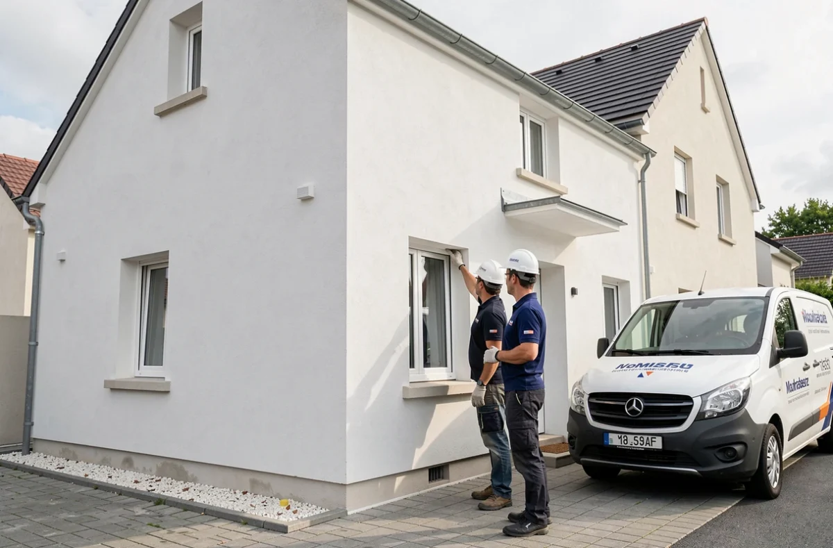 Équipe de Best Services Rénovation inspectant une façade rénovée devant un pavillon
