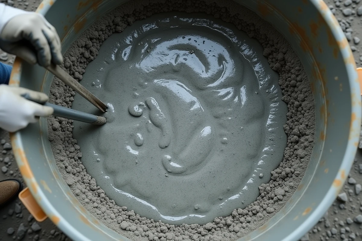 Vue en plongée du béton frais dans une bétonnière montrant le mélange ciment sable et gravier