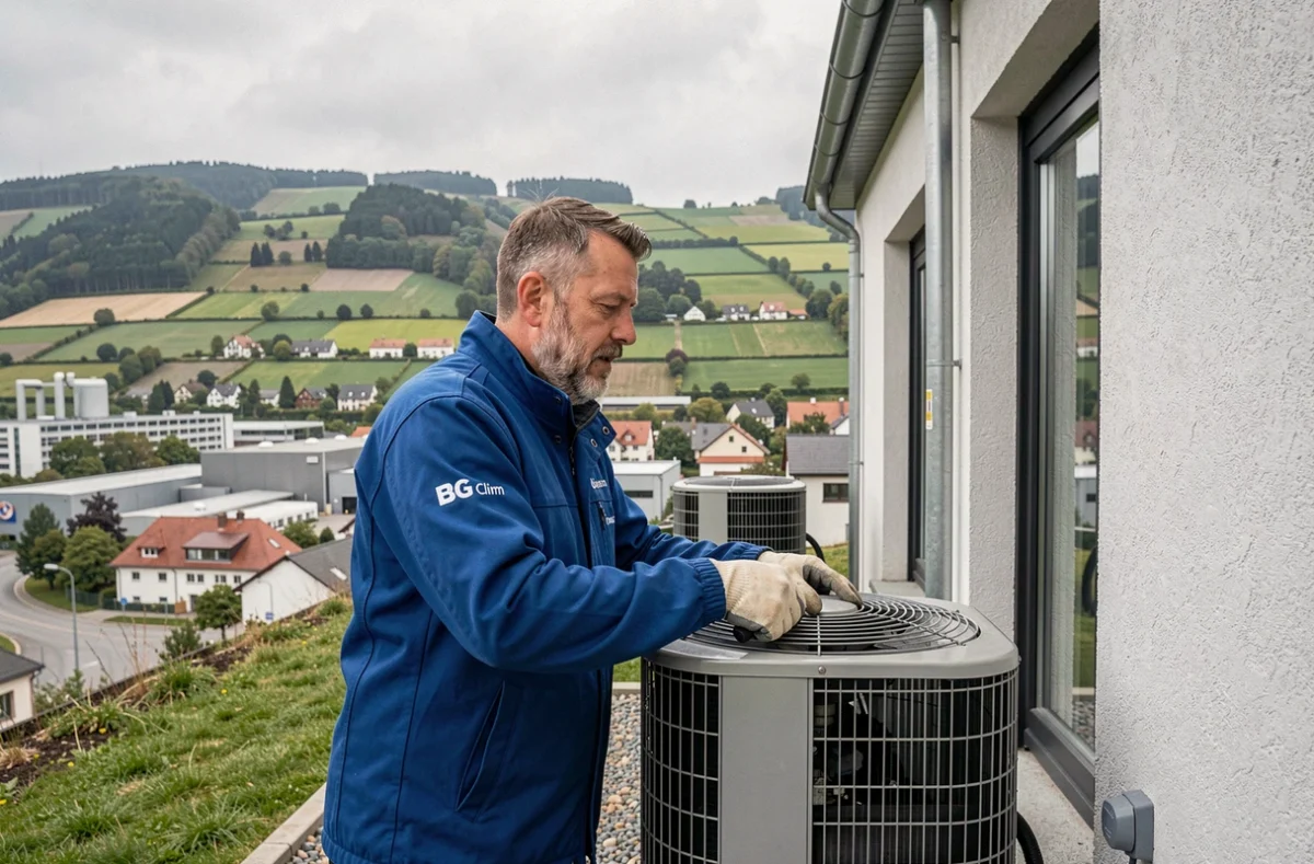 Technicien BG Clim Forbach effectuant la maintenance d'une pompe à chaleur dans la vallée de la Moselle