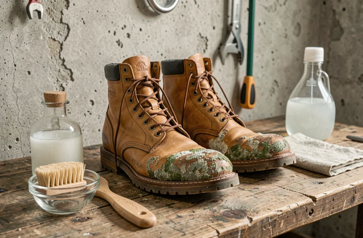 Bottes en cuir moisi sur un établi avec des produits naturels pour nettoyer la moisissure