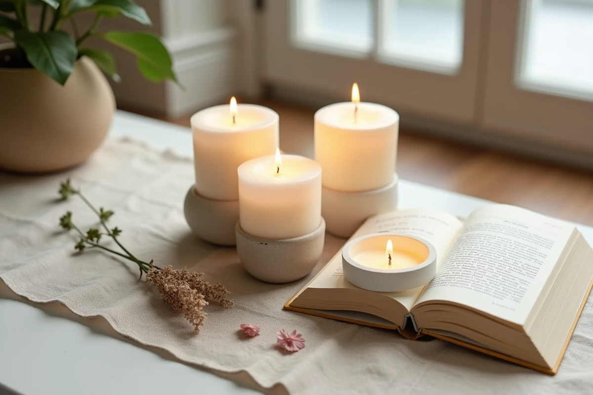 Groupe de bougies artisanales en cires naturelles sur un tapis en lin