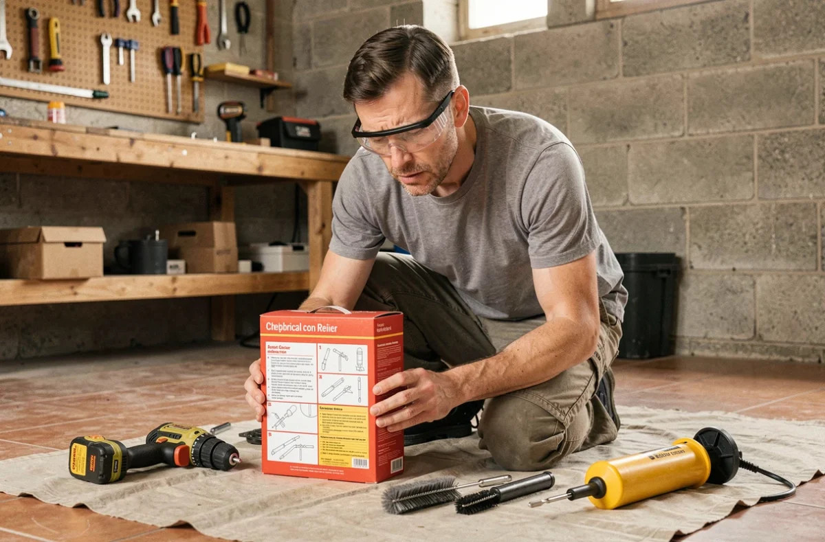 Bricoleur lisant les instructions d'une cheville chimique entouré d'outils de pose sur une bâche dans un garage