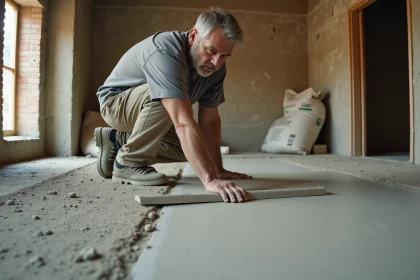 Bricoleur adulte lissant une chape de béton fraîchement coulée sur le sol d'une pièce en rénovation