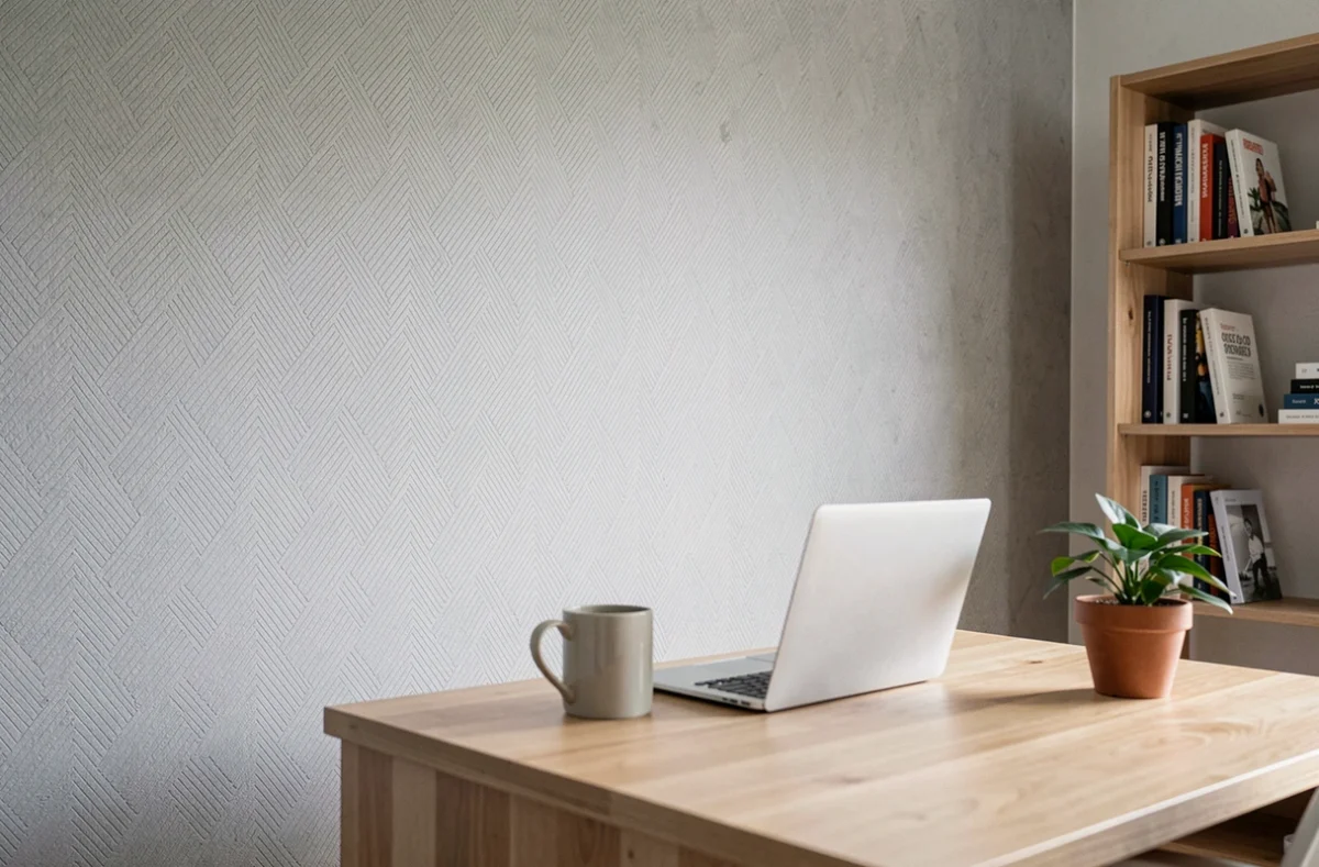 Bureau à domicile avec mur recouvert de papier peint isolant phonique texturé gris dans un appartement moderne