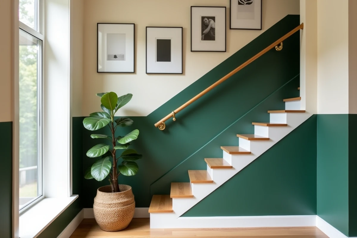 Cage d'escalier moderne avec color-blocking vert forêt et blanc cassé, laiton, photos noir et blanc et plante tropicale