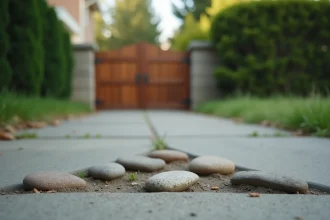 Cailloux disposés en formation suspecte sur un trottoir devant une porte de jardin, potentiel signe de repérage de cambrioleurs